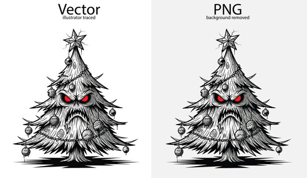 Grumpy Christmas Tree with Red Eyes and Ornaments angry evil