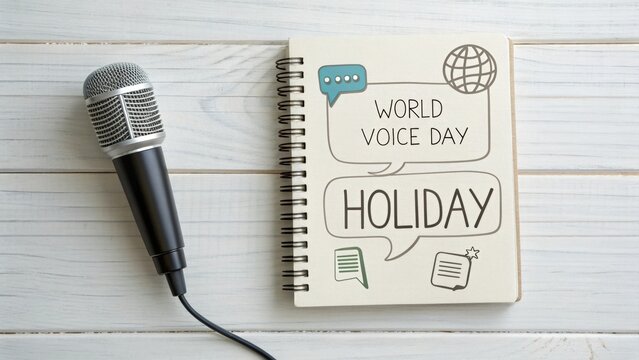 A Microphone and Notebook Announcing World Voice Day Holiday
