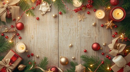 New Year and Christmas background with pine needles, Christmas toys, candles and nice little things.