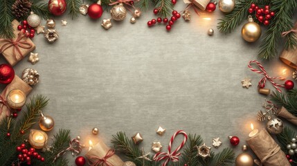 New Year and Christmas background with pine needles, Christmas toys, candles and nice little things.