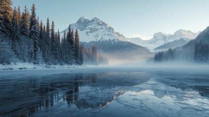 A snowy mountain lake shrouded in fog surrounded by mountains and forests.