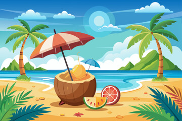 Obraz premium Creative minimal summer concept including tropical beach scene made with coconut fruit and small sun umbrella, playful holiday composition,