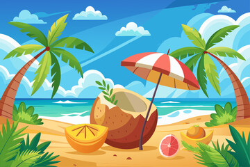 Creative minimal summer concept including tropical beach scene made with coconut fruit and small sun umbrella, playful holiday composition,