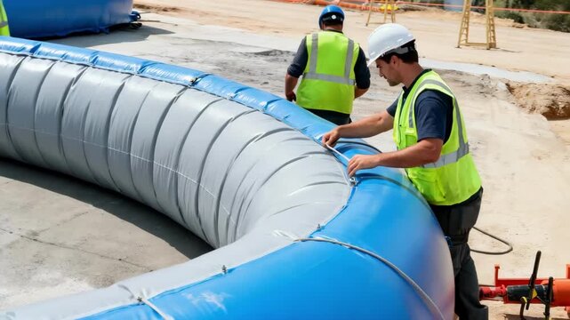 Medium shot of workers inspecting inflatable formwork being inflated to create a smooth curved concrete structure emphasizing innovative construction techniques.