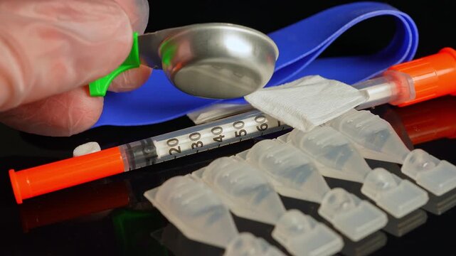 Harm reduction kit on the table, part of the program that includes services to lessen the harms related to substance use, drug policy, blood borne infections, drug poisoning, overdose.