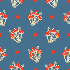 Fly agarics with hearts seamless pattern. Blue background with mushrooms compositions in red, grey and pink. Cartoon print on fabric and paper. Valentine's Day endless wallpaper. Vector design.