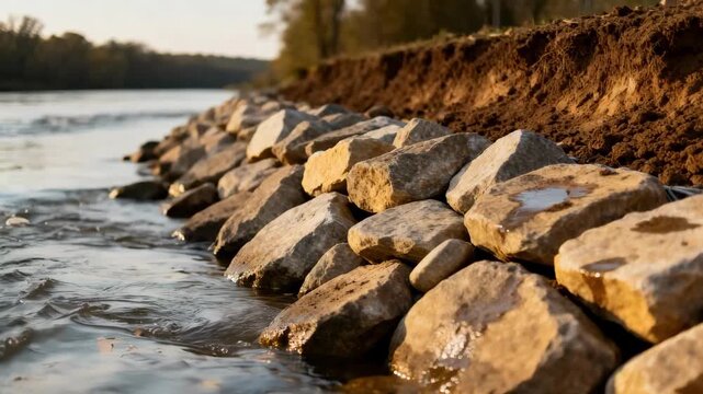 Medium shot of rocky riprap lining a riverbank showcasing sturdy erosion control preventing soil loss and protecting the shoreline from water damage.