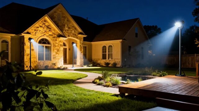 Medium shot of a floodlight setup illuminating a large backyard enhancing security and accentuating architectural features during nighttime.