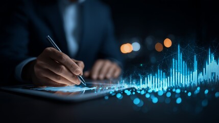 Business professional analyzing data trends on digital tablet with glowing graphs and charts