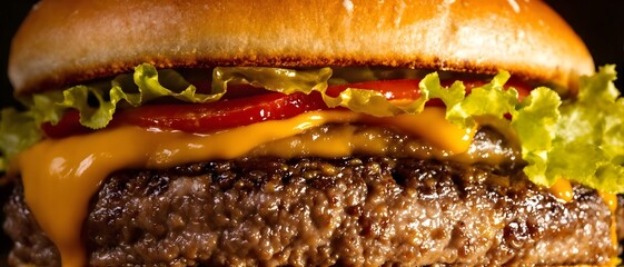 Cheeseburger with melted cheese, fresh lettuce, tomato, and grilled beef patty, perfect for food advertising, menus, and restaurant promotions.