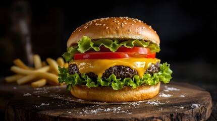 Cheeseburger with melted cheese, fresh lettuce, tomato, and grilled beef patty, perfect for food advertising, menus, and restaurant promotions.