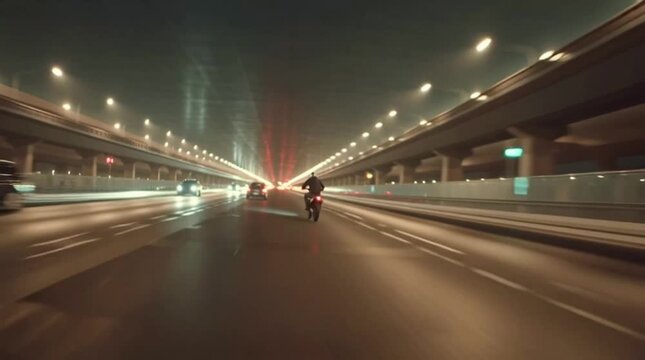 High speed motorcycle riding and daring jump under urban freeway lights