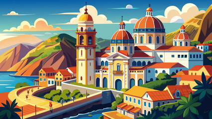 Very beautiful overview of the Basilica of Our Lady of Candelaria in Candelaria, Tenerife, showcasing its elegant architecture set against the coastal landscape and bright island light of the Canary I