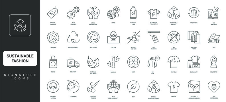 No leather and fur, ethical production thin black and red outline symbols vector illustration Sustainable fashion, natural thread and eco organic, biodegradable fabric material line icon set.