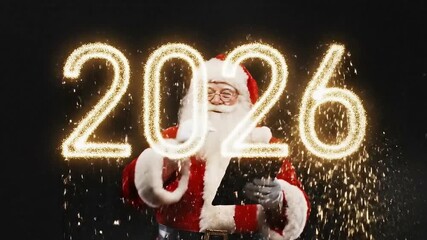 Santa claus in festive costume stands on black background with glowing golden numbers “2026” sparkling above him while snow falls gently in a magical holiday atmosphere - Powered by Adobe