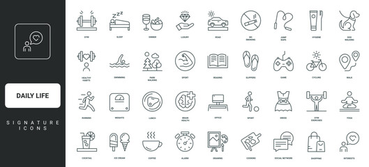 Food, running and yoga, hygiene thin black and red outline symbols vector illustration Daily life, active and luxury lifestyle, healthy habits and office work, sport exercises in gym line icon set.
