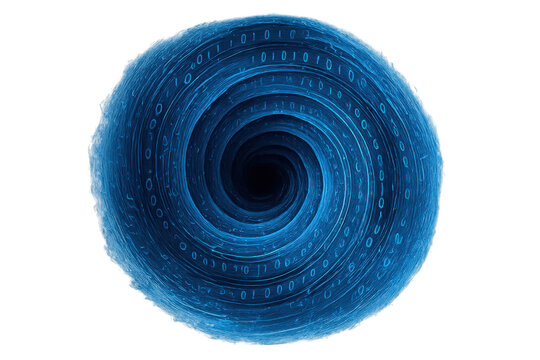 Digital vortex portal with swirling blue binary code, symbolizing data flow, network, and abstract technology concept