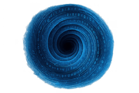 Digital vortex portal with swirling blue binary code, symbolizing data flow, network, and abstract technology concept