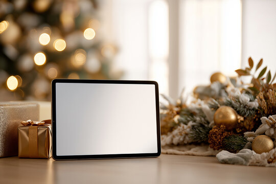 Tablet Displaying Blank Screen with Holiday Reflections