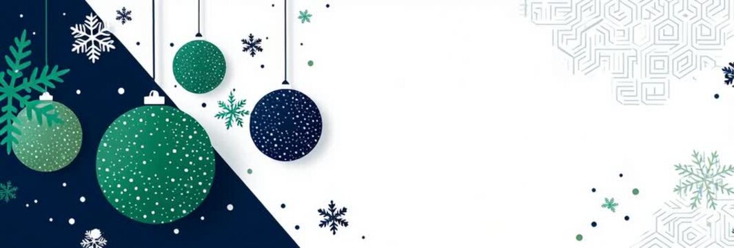 crisp conveying a festive atmosphere, a dark blue and emerald green color scheme, hanging snowflakes, three large christmas ornaments on the left side of the banner large space for text Generative AI