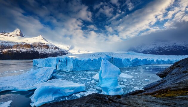 Majestic And Dramatic Polar Landscape Featuring Sharp Jagged Blue Ice Formations And Glaciers Sculpted By Nature Under A Vast Sky With Dynamic Clouds - Powered by Adobe