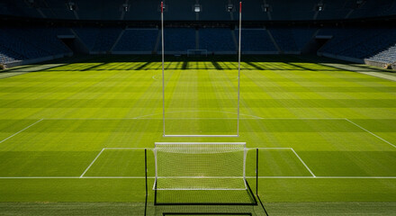 Empty stadium under bright daylight, goalposts centered, perfect symmetry, cinematic drone perspective.