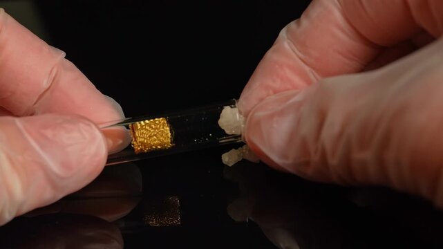 Placing crystals of drug in glass smoking pipe from Harm Reduction Stem Kit. Preparation for safe smoking or consumption of Fentanyl, Cocaine, Crystal meth or Crack Cocaine.
