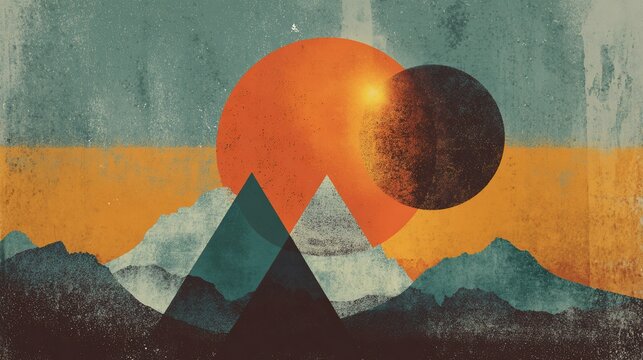 Graphic mountains under a large orange sun, with a partially obscuring sphere