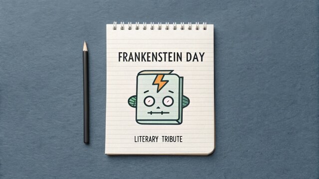 A notebook with Frankenstein Day illustration and pencil
