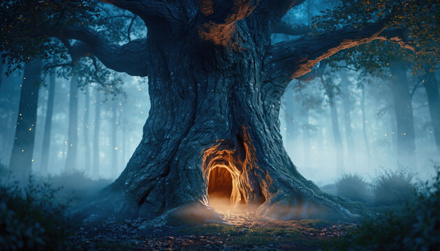 Enchanted forest scene with ancient tree and glowing doorway, perfect for fantasy book covers or mystical website backgrounds, inviting mystery