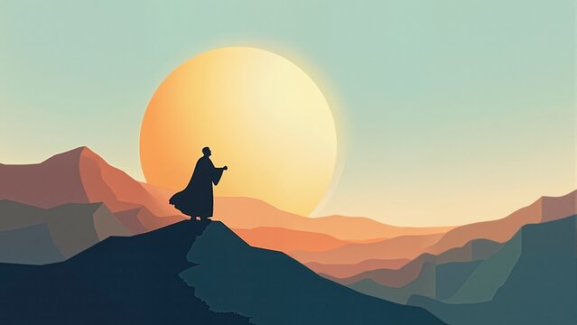 A stylized, minimalistic digital artwork showing Prophet Muhammad’s ascent with abstract shapes. Modern Digital Art.
 - Powered by Adobe