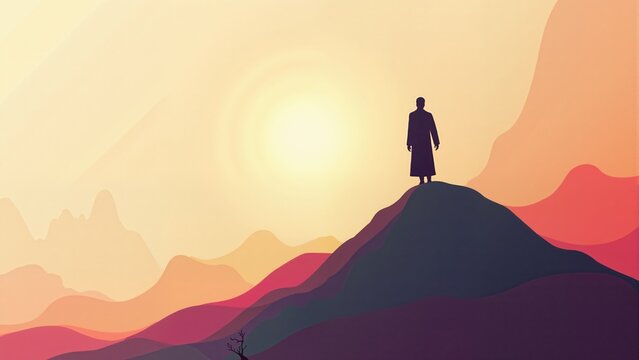 A stylized, minimalistic digital artwork showing Prophet Muhammad’s ascent with abstract shapes. Modern Digital Art.