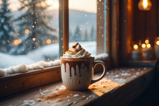 Close-up of a mug of hot chocolate with whipped cream and cinnamon on a rustic wooden windowsill overlooking a snowy winter landscape with falling snow during a warm sunset
