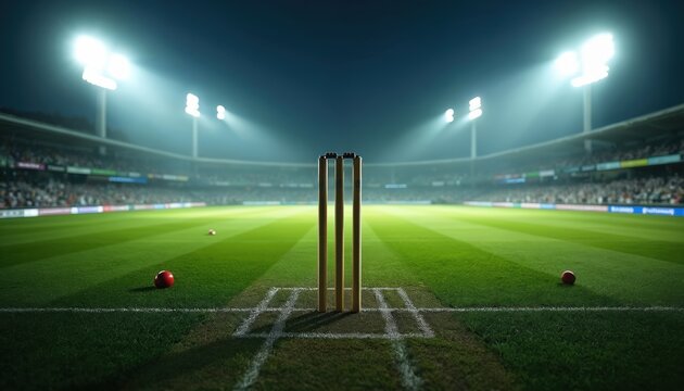 Night cricket match in stadium. Spotlight shines on pitch with wickets. Crowd watches the action. Sport competition with excitement. Game on the green grass field. Athletic event with fans cheering.