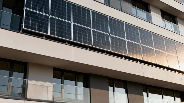 Close medium shot capturing modular buildingintegrated photovoltaic panels arranged in a grid pattern on a commercial facade highlighting customizable energy solutions.