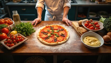 Chef presents freshly made pizza with tomatoes basil. Pizza sits on table with ingredients. Italian food preparation process shown at restaurant kitchen. Culinary art cooking meal.