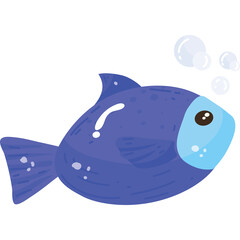 Simple blue fish with light blue face and bubbles in a transparent background with white spots and dark eye with light blue iris