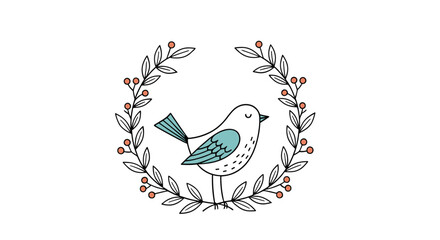 Charming hand-drawn doodle of a cute bird sitting inside a delicate floral wreath with berries on a clean white background.