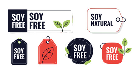 Collection of soy-free and natural product labels for dietary needs and healthy eating awareness on a clean white background.