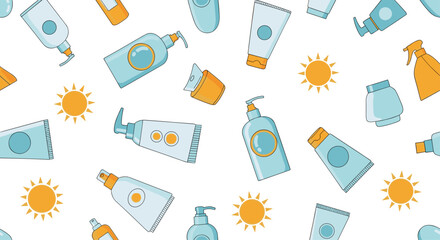 Seamless summer pattern of various sunscreen and sunblock bottles and tubes with sun icons for beach and skincare themes.