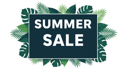 Summer sale promotional graphic with bold white text inside a dark rectangle framed by lush green tropical palm leaves.