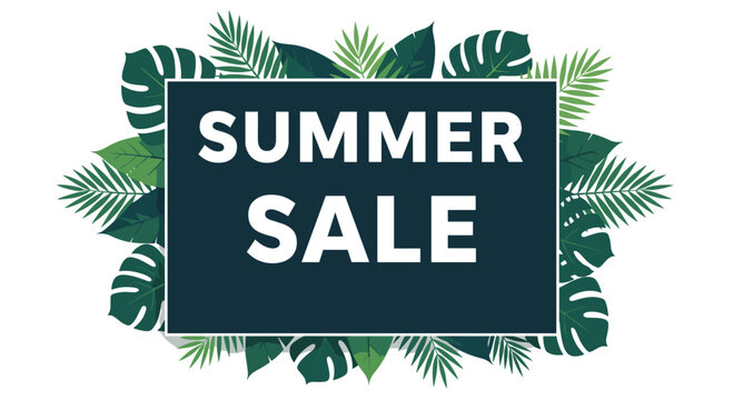 Summer sale promotional graphic with bold white text inside a dark rectangle framed by lush green tropical palm leaves. - Powered by Adobe