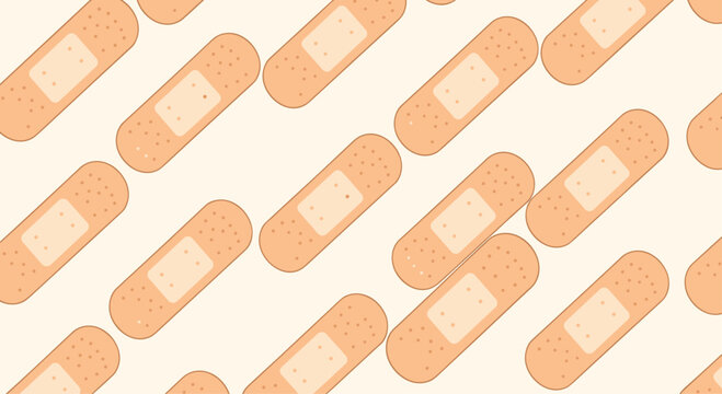Simple seamless pattern background of diagonally arranged adhesive bandages for a medical healthcare or first aid-themed design.