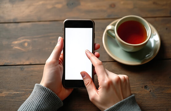 Hands hold smartphone with blank screen next to cup of tea on wooden table. Person uses tech device for online communication or work. Relaxing moment with hot beverage.