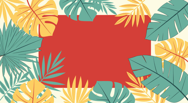 Tropical summer background design with a central red frame for text surrounded by colorful palm and monstera plant leaves. - Powered by Adobe
