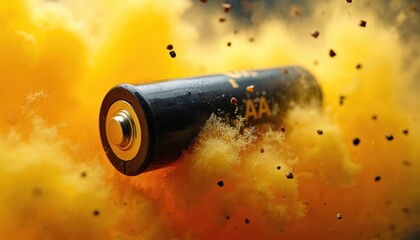 Single AA battery ruptures with bright yellow smoke and debris flying. Uncontrolled energy release, dangerous chemical reaction. Cautionary image for power waste, pollution, or explosive risk.