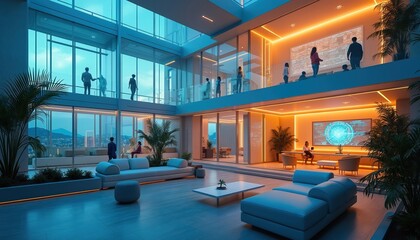 Modern office atrium with people interacting near screens displaying data and city views through large windows. Blue and orange lighting creates a futuristic ambiance for business meetings.