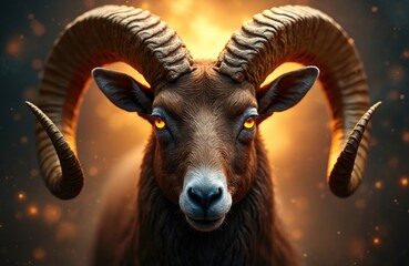 Powerful ram head with glowing eyes, large curled horns against warm golden bokeh background. Symbolizes courage, leadership, zodiac sign Aries, representing new beginnings, energy, determination.