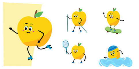 Cute apple character. sport - nordic walking, skateboard, swimming, Tennis.