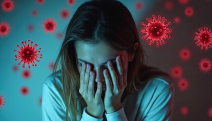 Woman expresses fear. She covers face. Red virus cells appear in air around her. Concept depicts health risk crisis infection disease. Pandemic outbreak threat